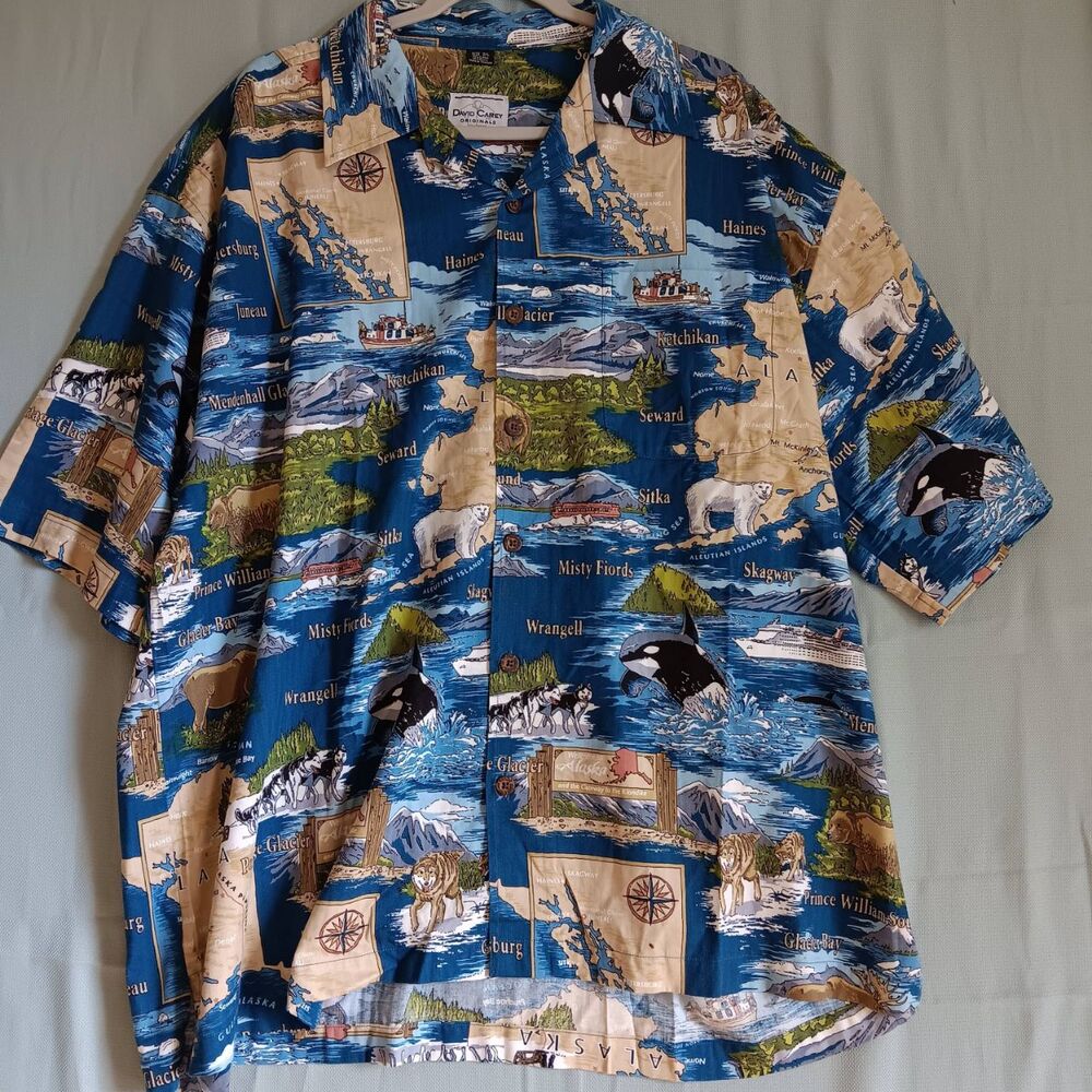 David Carey Originals Mens 2XL Shirt Blue Hawaiian Alaskan Print Wildlife
